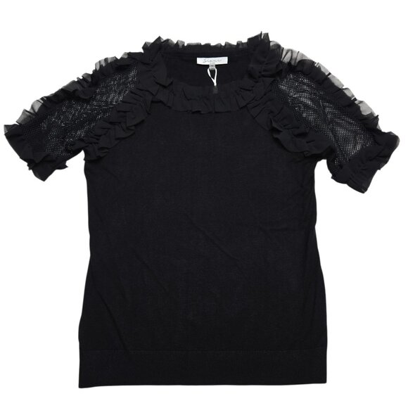 Sioni Milano Sweater Women Medium Black Short Sleeve Ruffle Mesh Knit Whimsigoth - Picture 1 of 13